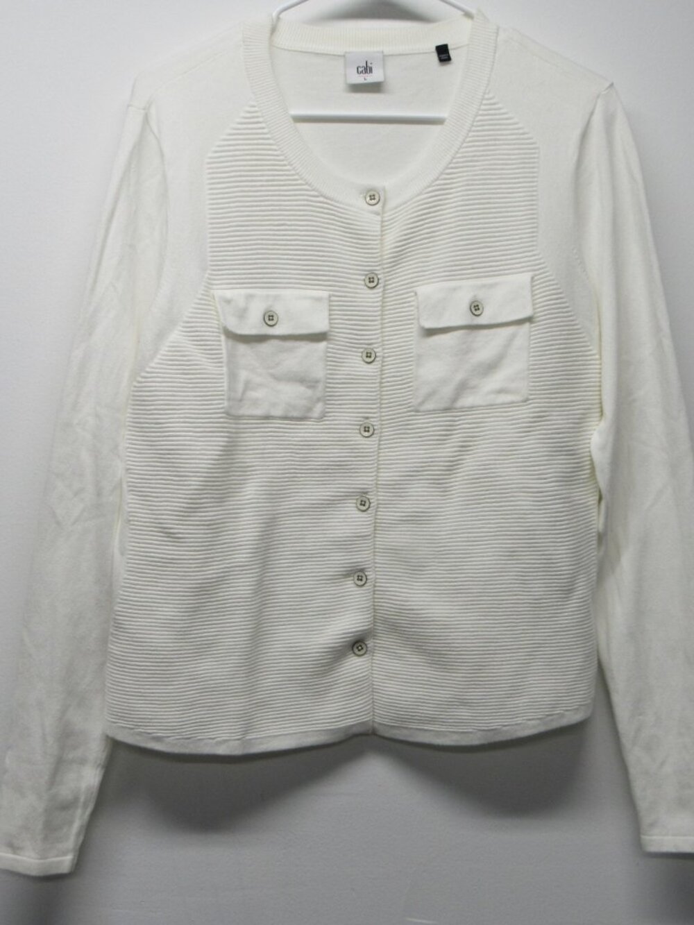 Cabi White Long Sleeve Ribbed Cardigan Sweater Style 5145 Size Large